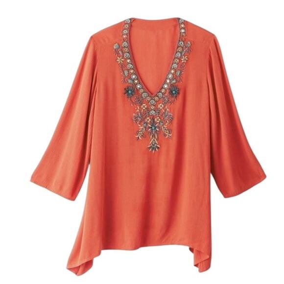 Soft Surroundings Paulina Gauze Pullover Tunic Top Coral Embellished Size Large - Picture 2 of 10